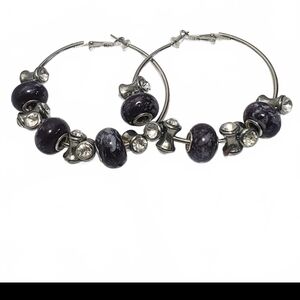 Silver Hoop Earrings with Dark Purple Beads and Crystal Accents